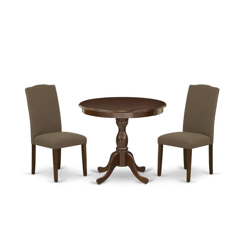 AMEN3-MAH-18 3 Piece Dining Table Set - 1 Pedestal Table and 2 Dark Coffee Dining Chairs - Mahogany Finish