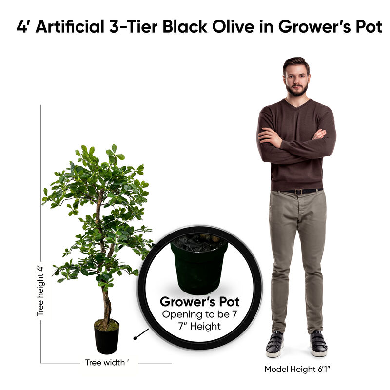 Handmade 4' Artificial 3-Tier Black Olive Tree In Home Basics Plastic Pot Made with Real Wood and Moss Accents