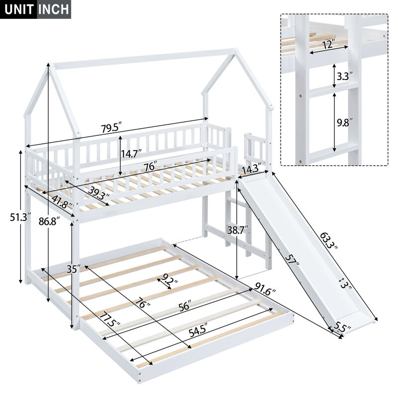 Twin Over Full House Bunk Bed With Slide And Built-In Ladder, Full-Length Guardrail, White