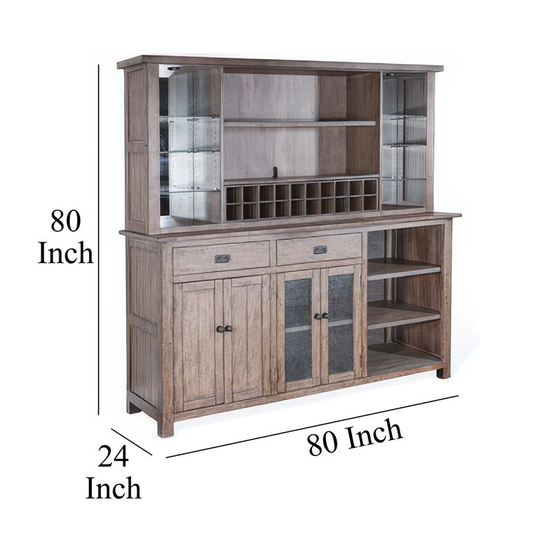 Yael Buffet, Hutch Bar Cabinet, LED Display Shelf, 80 Inch Brown Wood - Benzara image number 4