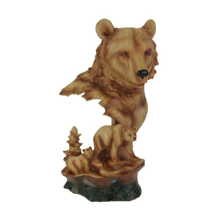 Faux Carved Bear Head And Family Wood Look Statue