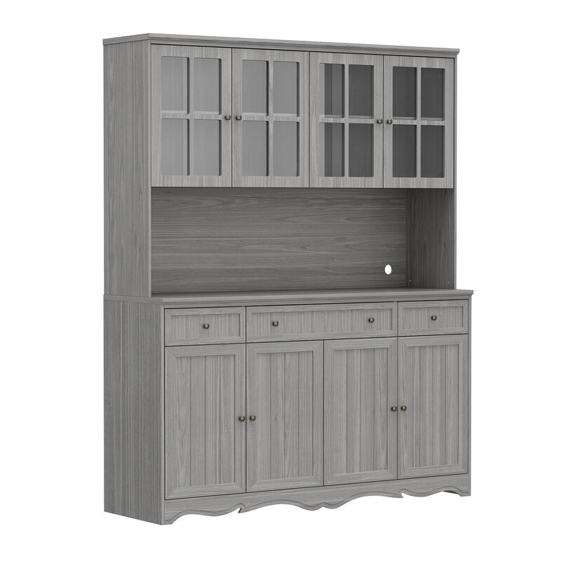 Gray Painted Wooden 61.2 in. W Buffet and Hutch Kitchen Cabinet with Drawers and Adjustable Shelves, Glass Doors image number 0
