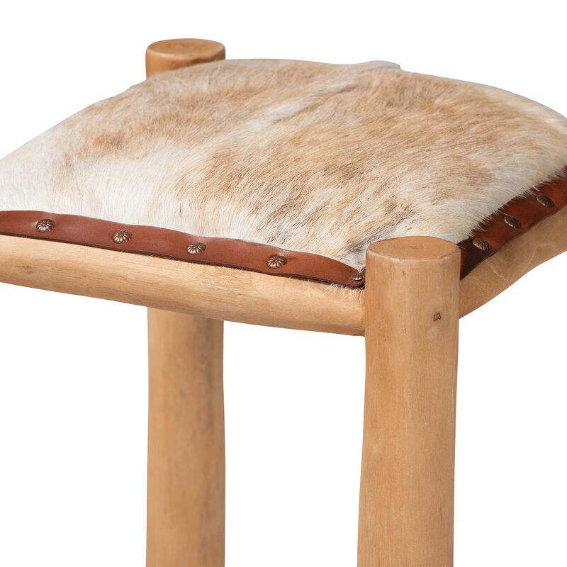bali & pari Rivera Genuine Goat Leather Bar Stool - Rustic Boho Seating with Teak Wood Frame and Natural Hide Upholstery image number 2