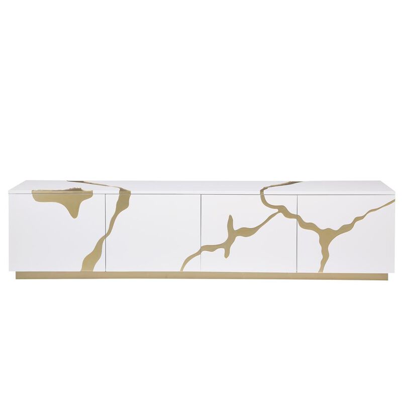 Best Master Furniture Ronnie White Lacquer T.V Stand with Gold Accents