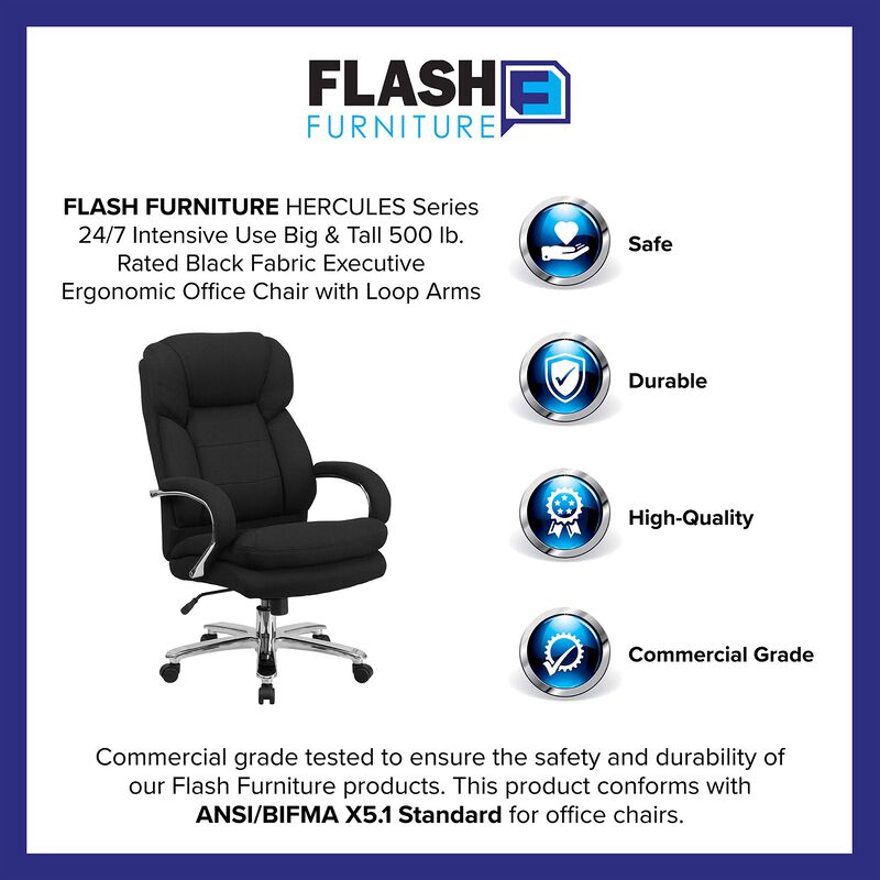 Flash Furniture HERCULES Series 24/7 Intensive Use Big & Tall 500 lb. Rated Black Fabric Executive Ergonomic Office Chair with Loop Arms