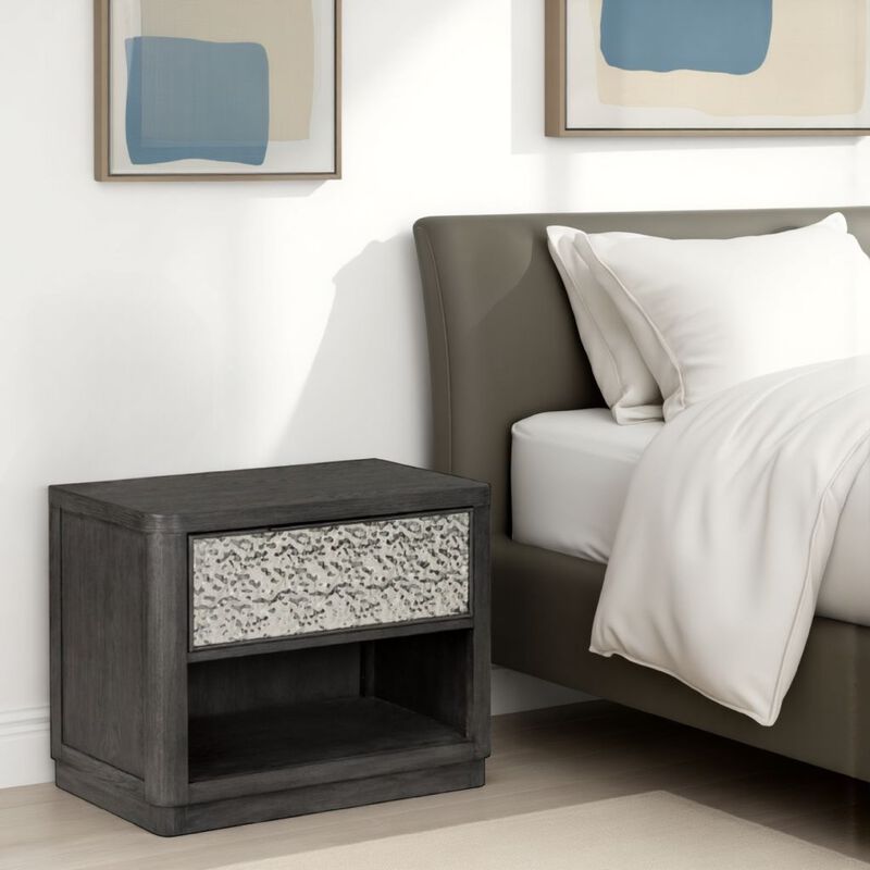 Zoko Nightstand Table with 2 USB Ports, Metal Accents, Ash Gray Wood