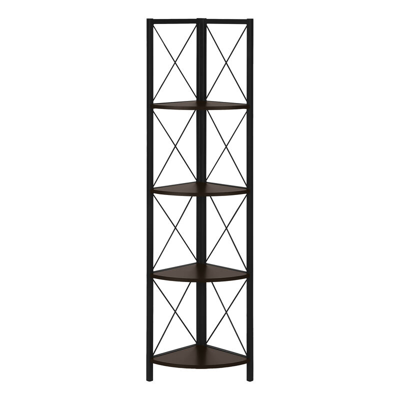 Monarch Specialties I 3645 Bookshelf, Bookcase, Etagere, Corner, 4 Tier, 60"H, Office, Bedroom, Metal, Laminate, Brown, Black, Contemporary, Modern