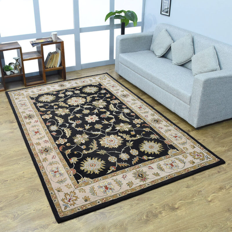 RUGSOTIC CARPETS HAND TUFTED WOOL ECO-FRIENDLY AREA RUGS  - 10'x13', Rectangle Shape, Black Beige, Classic Oriental Traditional  Design, High Pile Thick Handmade Anti Skid Area Rugs (K00106)