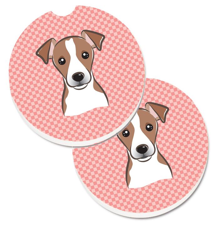 Caroline's Treasures Checkerboard Pink Jack Russell Terrier Set of 2 Cup Holder Car Coasters BB1260CARC, 2.56, Multicolor