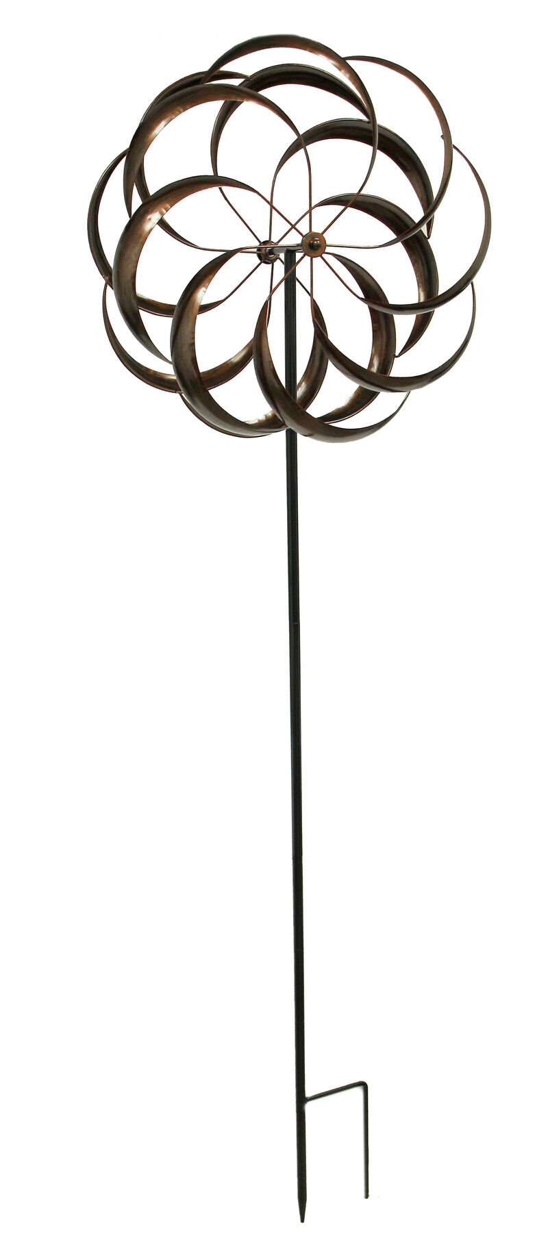 Antique Copper Finish Metal Art Dual Flower Wind Spinner Garden Stake image number 0