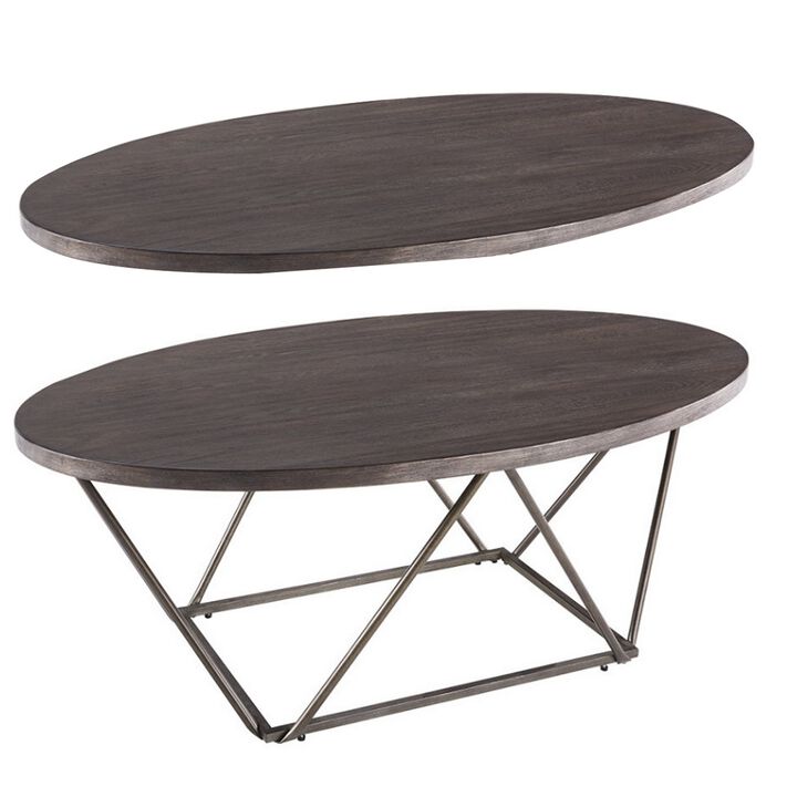 Elm Wood Table Set with Bridge Truss Metal Base, Set of Three, Brown and Gray-Benzara
