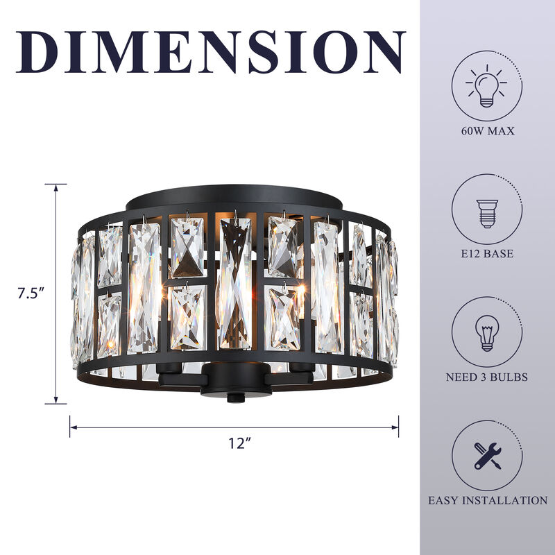 11.89 in Modern Glam 3-Light Dimmable Crystal Flush Mount Ceiling Light image number 2