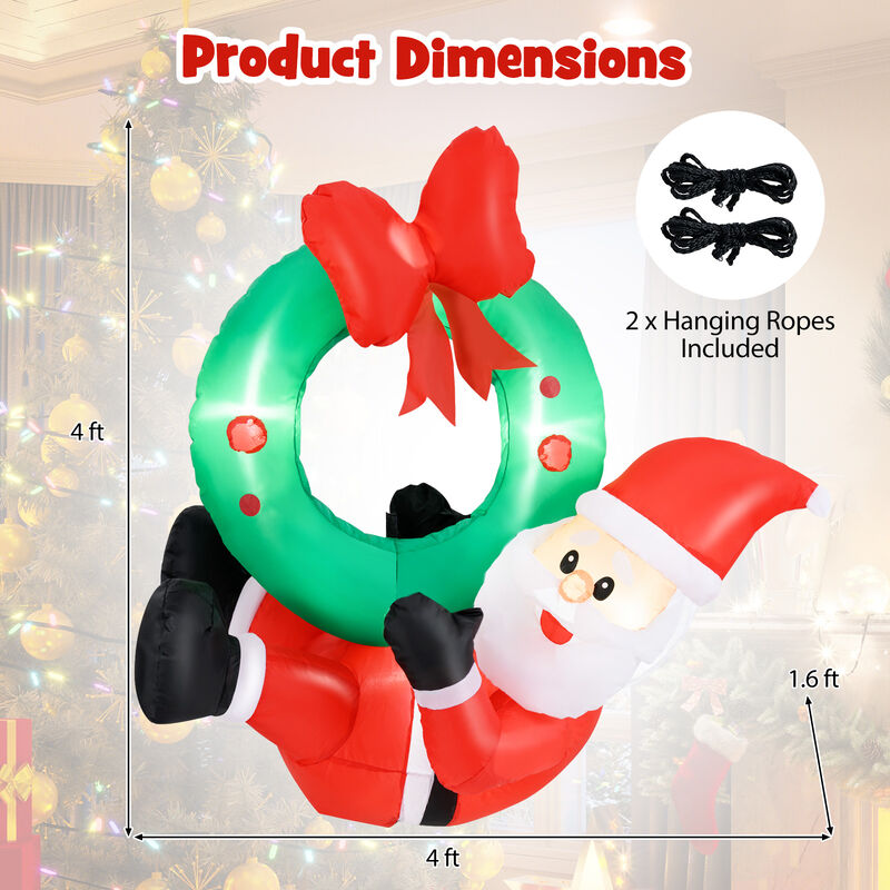 4 ft Inflatable Santa Claus Wreath with Red Bow and 5 LED Lights