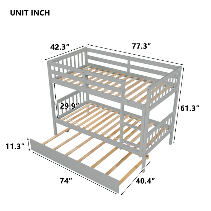 Whisen Twin Over Twin Rubber Wood Bunk Bed with Trundle, Convertible into Twin Size Beds, Twin Size Bunk Bed with Ladder and Safety Guardrails - White