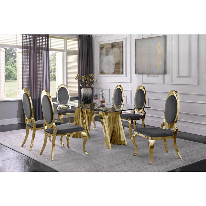 Classic 7pc Dining Set w/Uph Side Chair, Glass Table w/ Gold Spiral Base, Dark Grey