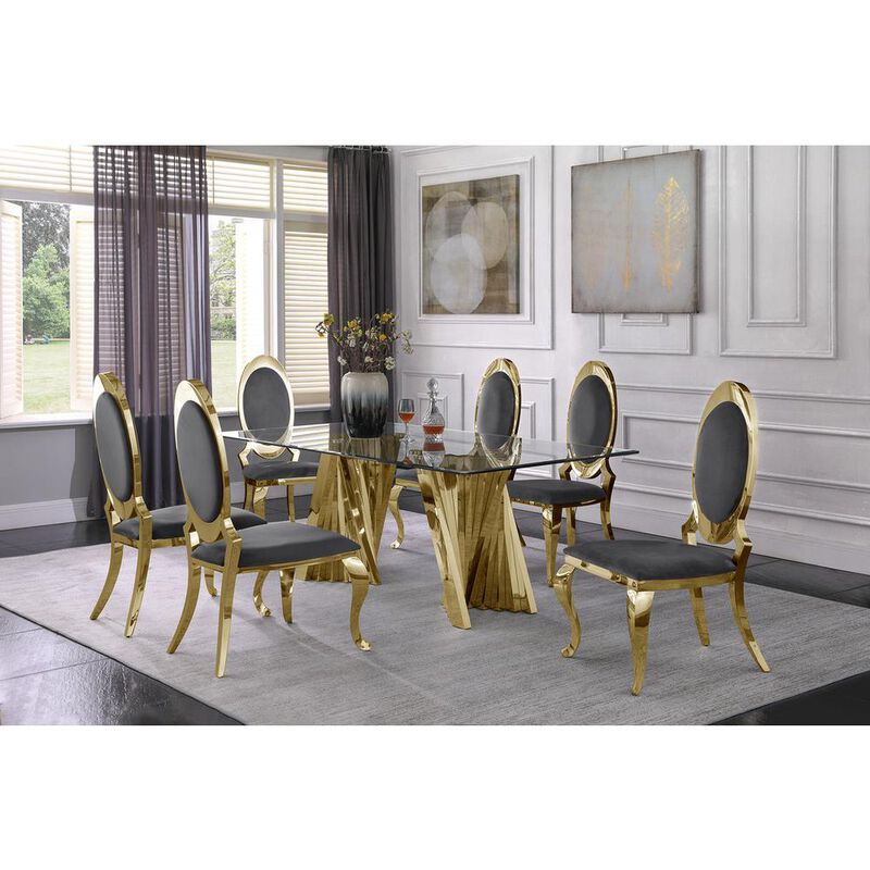 Classic 7pc Dining Set w/Uph Side Chair, Glass Table w/ Gold Spiral Base, Dark Grey
