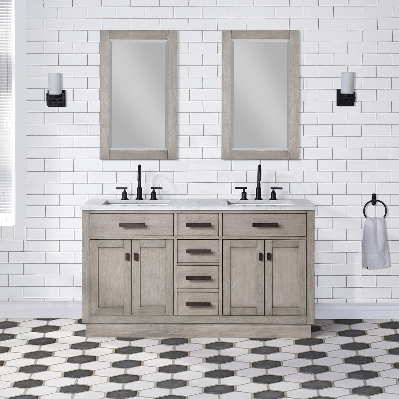 Chestnut 60 In. Double Sink Carrara White Marble Countertop Bath Vanity In Grey Oak with Oil Rubbed Bronze Hardware