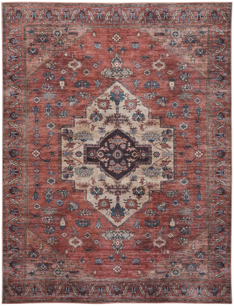 HomeRoots 5' X 7' Blue and Red Oriental Power Loom Distressed Washable Non Skid Area Rug image number 2