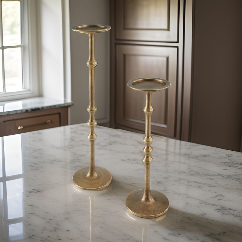 Lara Candle Holder Set of 2, Cast Aluminium, Antiqued Brass Toned Finish - Benzara