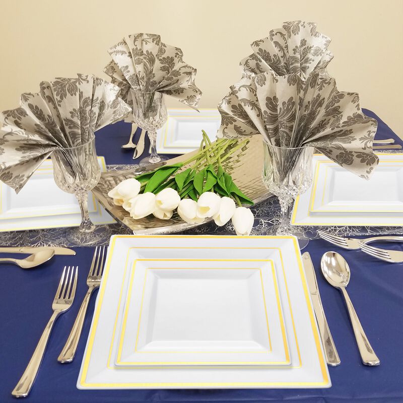 9.5" White with Gold Square Edge Rim Plastic Dinner Plates (120 Plates) image number 1