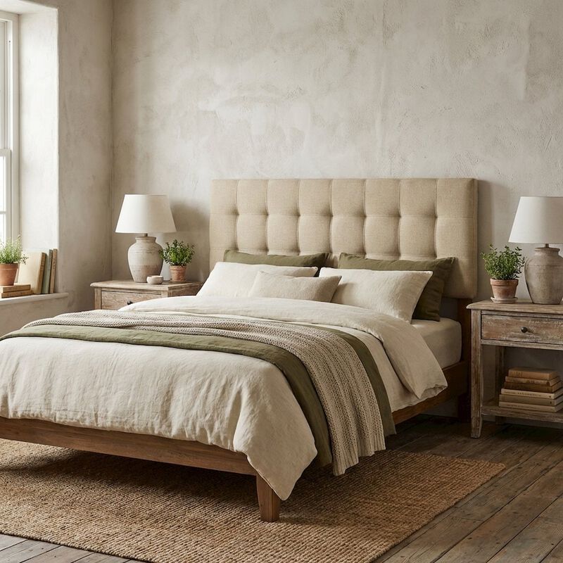 Upholstered Queen Headboard in Neutral Fabric, Padded Design, Stylish Support image number 2