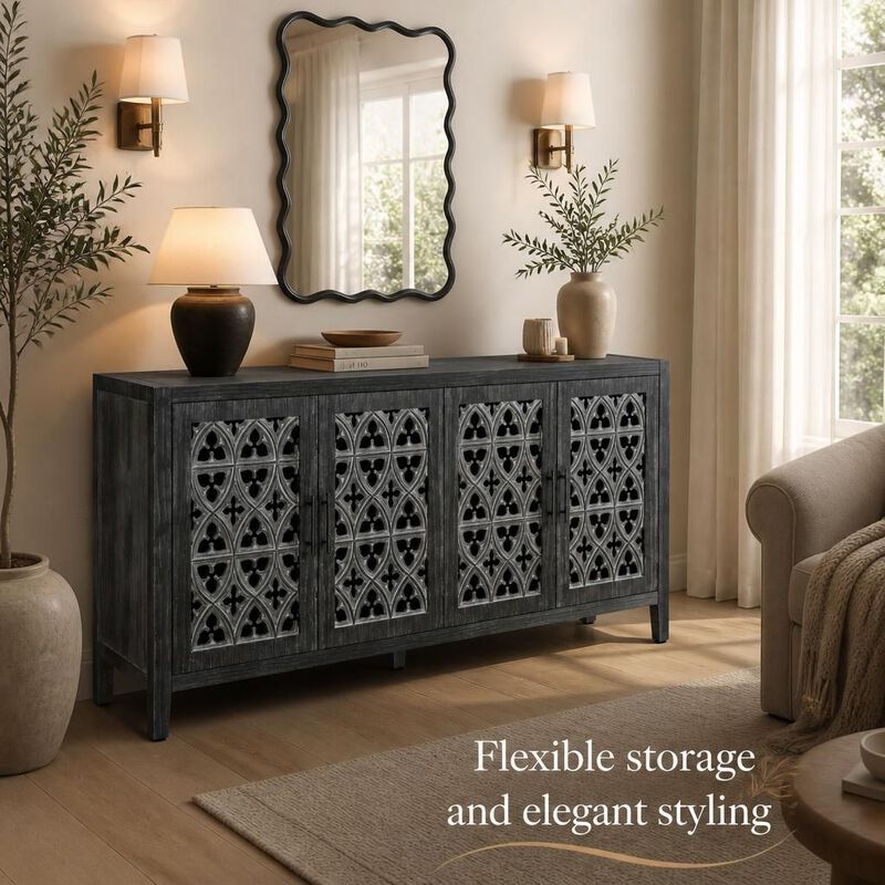 GOODSILO Four Door Hollow Antique Storage Cabinet, Versatile Wooden Storage Furniture for Living Room, Entryway, Kitchen and Dining Space image number 4