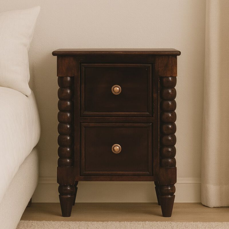 Artisan Furniture Solid Wood Spindle Winewood Nightstand, 2 Drawers, Dark Brown image number 1