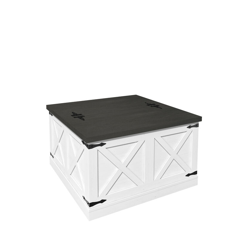 Farmhouse Square Coffee Table Wooden Center Table Rustic Cocktail Table with Hinged Lift Top and Large Hidden Storage Compartment, White