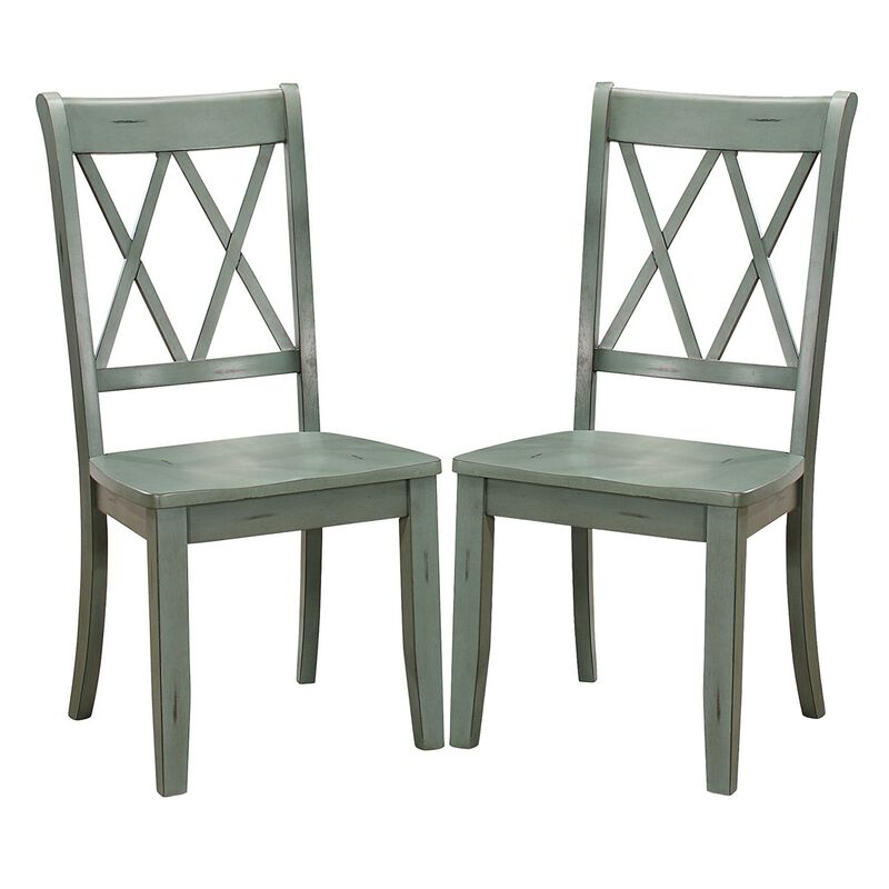 Pine Veneer Side Chair With Double X Cross Back, Teal Blue, Set of 2 image number 0