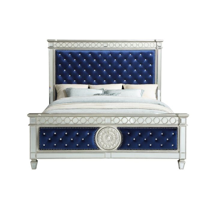 Varian Queen Bed in Blue Velvet & Mirrored