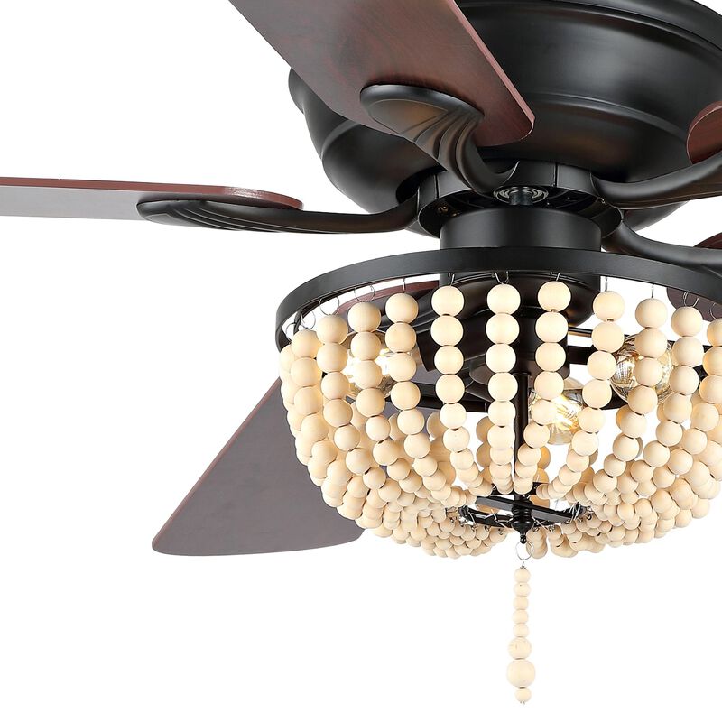 Erin Rustic Farmhouse Iron/Wood Bead Mobile Appremote Controlled LED Ceiling Fan