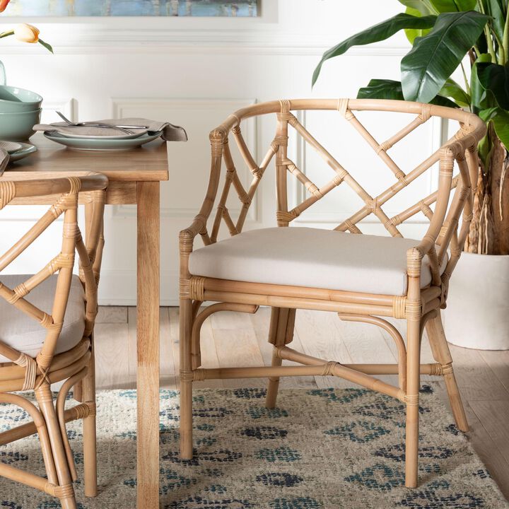 bali & pari Padma Natural Rattan Dining Chair - Handwoven Barrel Accent Chair with Bamboo-Style Frame and Lattice Detail for Boho, Coastal, or Tropical Dining or Lounge Area