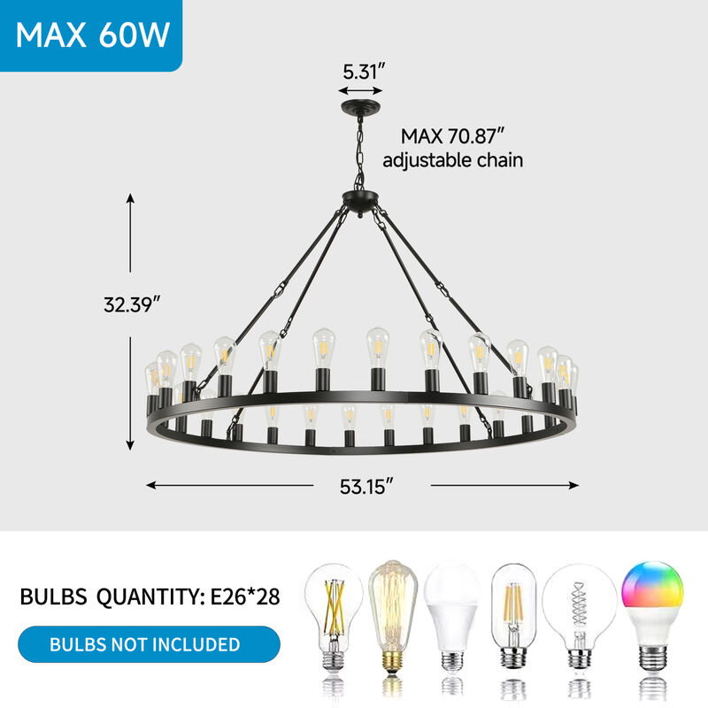 ELEMENT ACE Extra Large Wagon Wheel Chandelier 28-Light Round High Ceiling Pendant Light with Adjustable Chain for Dining Room Living Room Kitchen Foyer Entryway image number 2