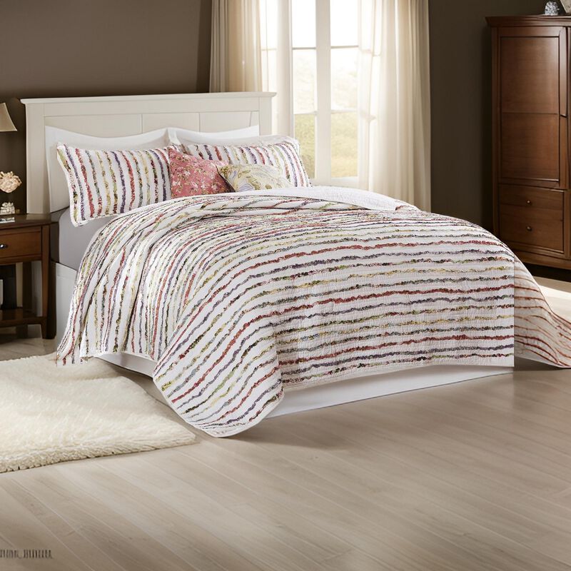 5 Piece Queen Size Quilt Set, Multicolor Striped Patch Detailing - Benzara
