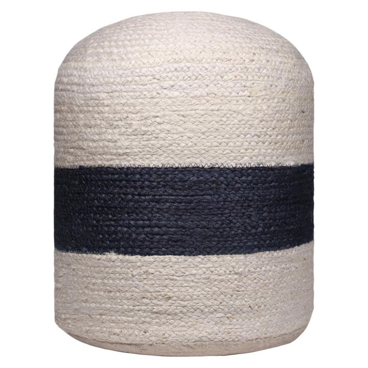 Hivvago 18 Inch Off White And Navy Blue Jute Blend Cylinder Striped Pouf Ottoman