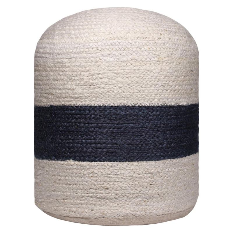 Hivvago 18 Inch Off White And Navy Blue Jute Blend Cylinder Striped Pouf Ottoman