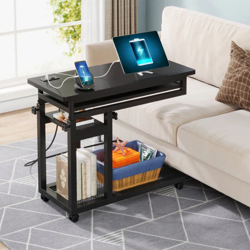 Portable C Table, Mobile Desk Side Table with Power Outlet image number 2
