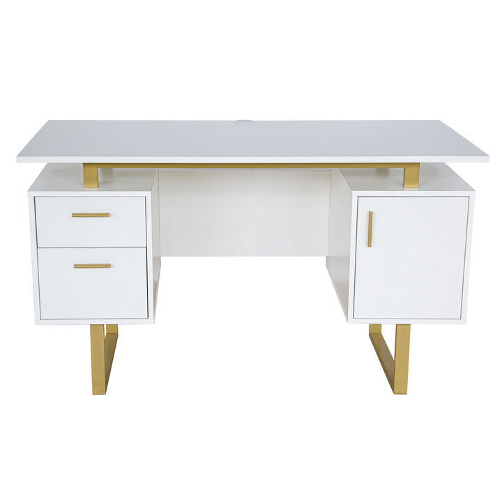 HomeRoots 51" Gray and Silver Wood and Steel Pedestal Executive Desk With Two Drawers