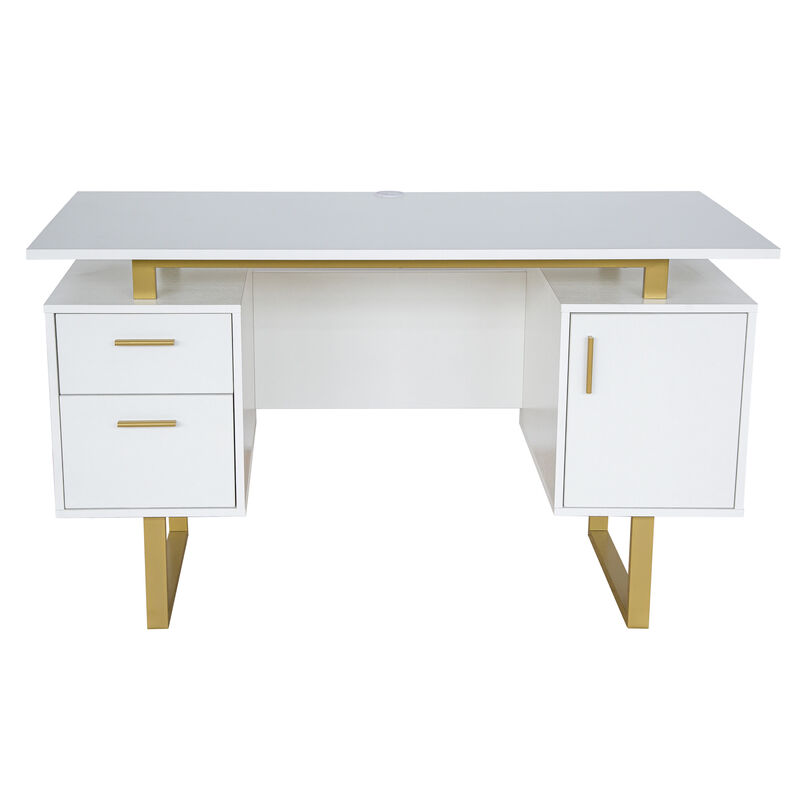 HomeRoots 51" Gray and Silver Wood and Steel Pedestal Executive Desk With Two Drawers image number 0