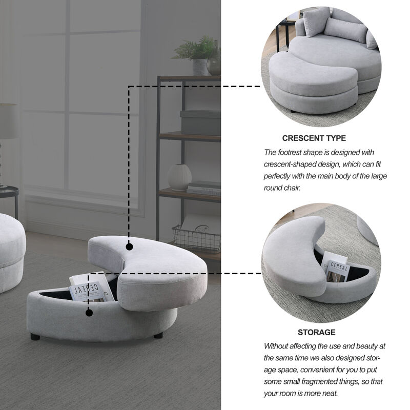 Swivel Accent Barrel Modern Grey Sofa Lounge Club Big Round Chair with Storage Ottoman Linen Fabric for Living Room Hotel with Pillows .2 PCS