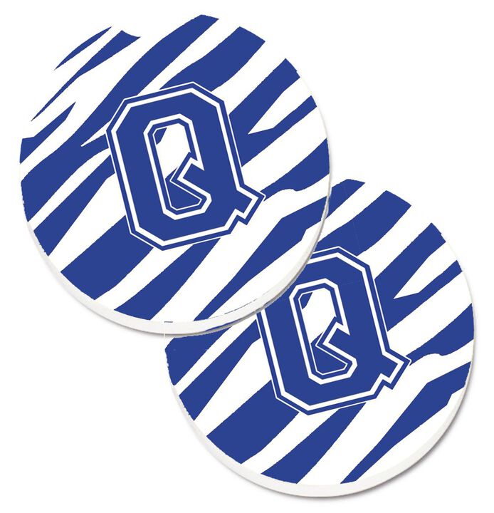 Caroline's Treasures Monogram Initial Q Tiger Stripe Blue & White Set of 2 Cup Holder Car Coasters CJ1034-QCARC, 2.56, Multicolor