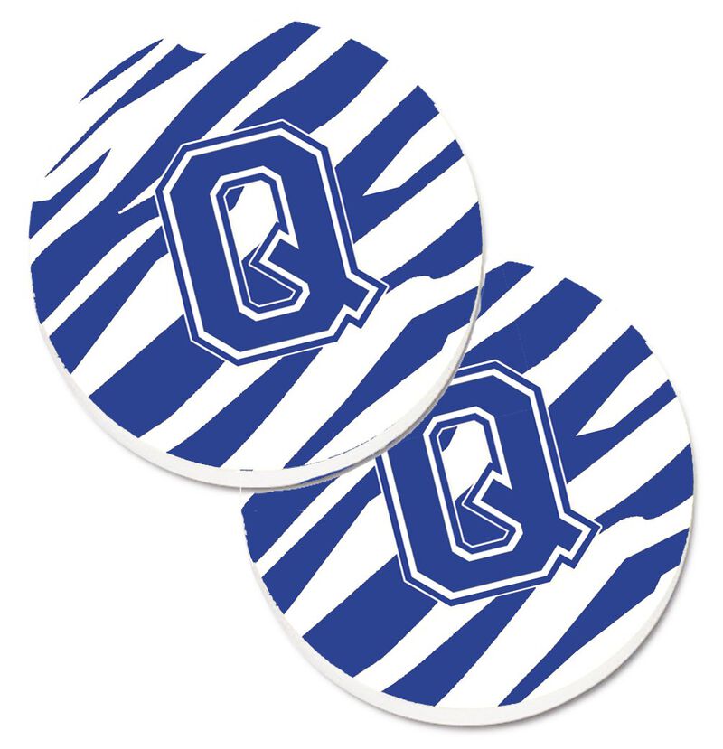 Caroline's Treasures Monogram Initial Q Tiger Stripe Blue & White Set of 2 Cup Holder Car Coasters CJ1034-QCARC, 2.56, Multicolor