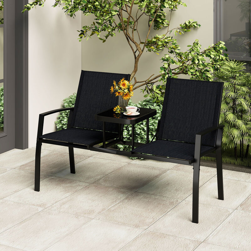 Outdoor Loveseat with Built-in Table and Comfortable Fabric Backrest-Black