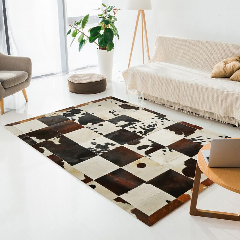 Brown and White Cowhide Patchwork Rug image number 2