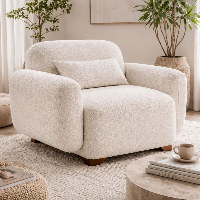 Loem Sofa Chair w Accent Pillow, Box Style Seat, Beige Boucle Fabric image number 1