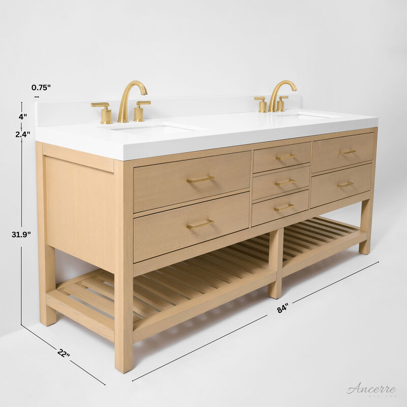 Elizabeth 84 in. Bath Vanity Set in Oak Finish with White Quartz Vanity Top and White Undermount Basin