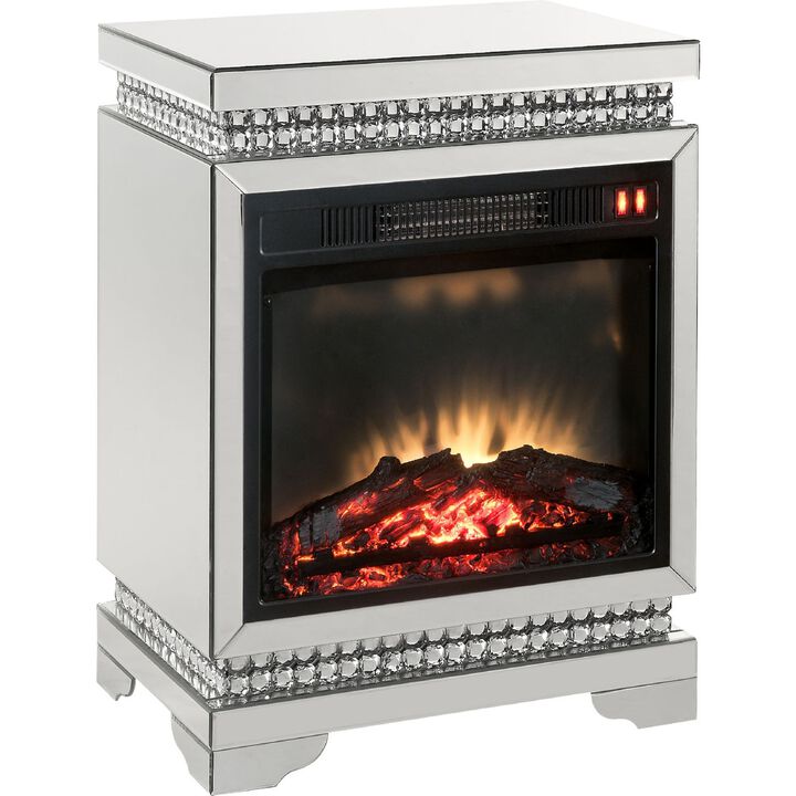 Electric Fireplace with Mirror Panel Framing and Faux Diamonds, Silver-Benzara