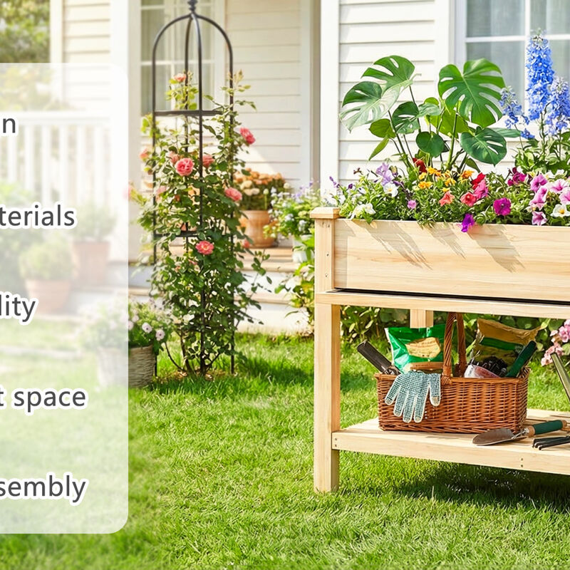 WOW PIONEER Elevated Solid Wood Raised Garden Bed with Water Collection Tray, Storage Shelf, Protective Liner image number 6