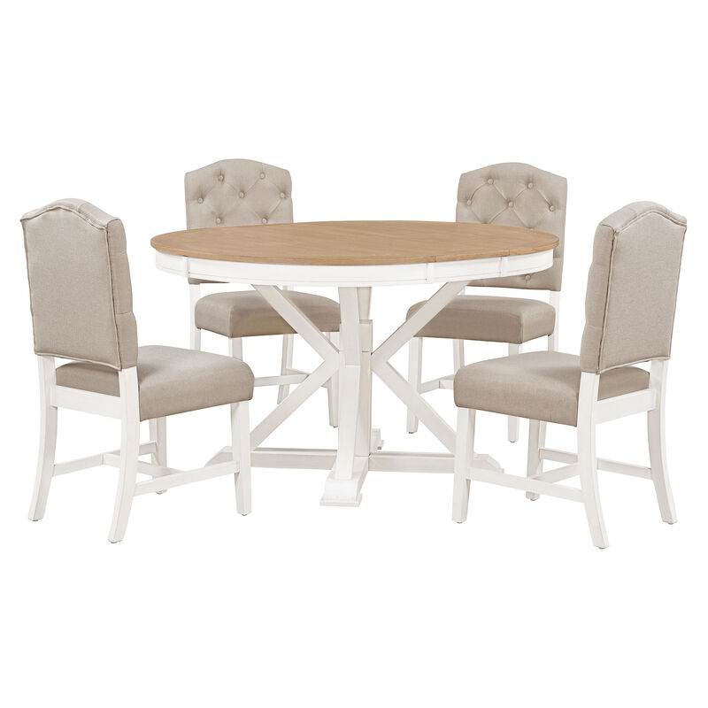 Whisen Retro Style Dining Table Set with Extendable Table and 4 Upholstered Chairs - Off-white