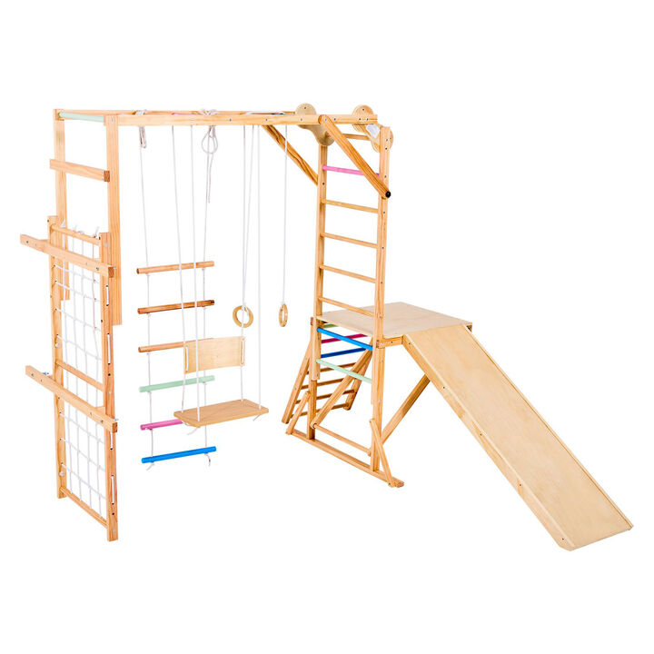 8 in 1 Wooden Indoor Playground Kids Climbing Gym with Slide Swing